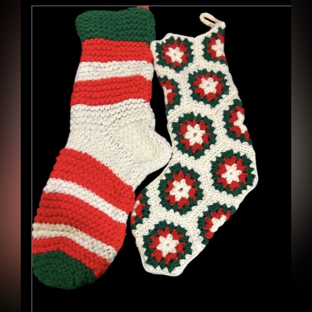 2 Festive Red and Green handmade crocheted Christmas stockings